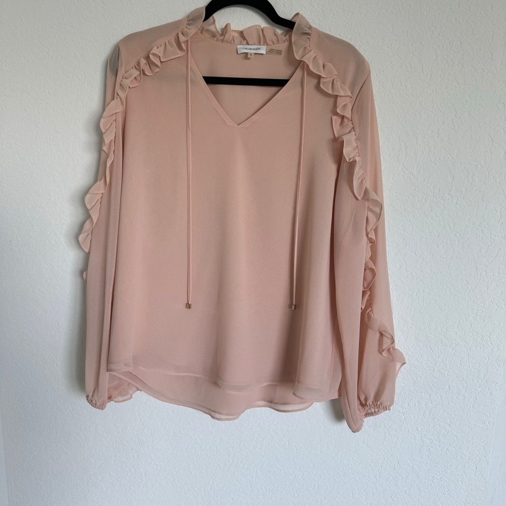 Calvin Klein Ruffle Trim Long Sleeve Blouse  Blush color. Size L